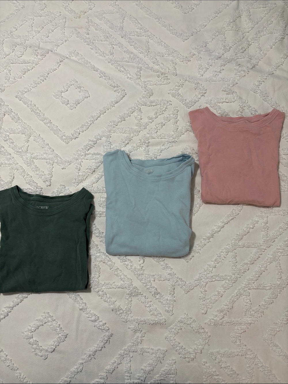 J. Crew Trio of Solid Crewneck Tees in Forest Green, Sky Blue & Dusty Rose